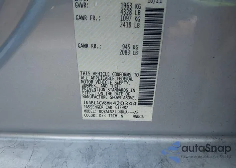 2021 Nissan Altima Sr Fwd из США, поврежденный, VIN 1N4BL4CV8MN420344